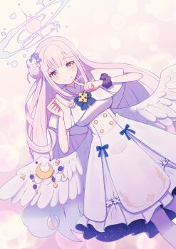 Rule 34 | 1girl, angel wings, blue archive, blue bow, blush, bow, breasts, closed mouth, dress, feathered wings, finger heart, flower, gold trim, hair bun, hair flower, hair ornament, halo, high-waist skirt, highres, index finger raised, klnk, long hair, looking at viewer, low wings, medium breasts, mika (blue archive), pink eyes, scrunchie, single hair bun, single side bun, skirt, smile, solo, underbust, very long hair, white dress, white overskirt, white wings, wing ornament, wings, wrist scrunchie, yellow eyes