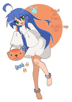 1girl :3 ahoge anklet barefoot blue_hair bucket candy candy_corn floating food ghost_costume green_eyes halloween halloween_bucket highres holding holding_bucket izumi_konata jewelry long_hair lucky_star mole mole_under_eye thea_(w_alladoo) white_background