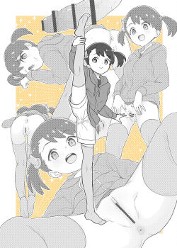 1boy 1girl anus bar_censor bottomless censored drawstring greyscale_with_colored_background hair_ornament halftone heriyama highres hood hood_down hooded_jacket jacket kimi_no_na_wa. leg_hold loli miyamizu_yotsuha open_mouth penis pussy rabbit_hair_ornament shorts smile solo_focus split spread_pussy standing standing_on_one_leg standing_split thighhighs twintails yellow_background