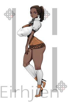 Rule 34 | 1girl, artist name, ass, breasts, commentary, dark-skinned female, dark skin, earrings, eirhjien, english commentary, eyeshadow, from side, high-waist skirt, high heels, highleg, highleg panties, highres, huge ass, huge breasts, jewelry, kneehighs, looking at viewer, makeup, miniskirt, narrow waist, orange eyeshadow, original, panties, pantylines, puckered lips, puffy sleeves, purple eyes, shirt, short sleeves, skirt, socks, solo, standing, standing on one leg, underbutt, underwear, white background, white shirt