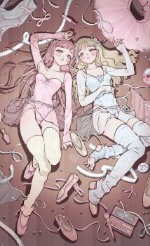 2girls athletic_leotard ballerina ballet_slippers barefoot blonde_hair blush bomhat breasts brown_background closed_mouth commentary cosmetics fingernails footwear_ribbon full_body grey_eyes hair_ribbon hand_mirror highres leg_warmers leotard long_hair looking_at_viewer lying makeup_brush makeup_palette mirror multiple_girls nail_polish on_back on_floor open_mouth original pink_eyes pink_hair pink_leotard pink_shoes ribbon see-through_clothes see-through_skirt shoes single_shoe skinny skirt sleeves_past_wrists small_breasts soles spaghetti_strap stirrup_legwear symbol-only_commentary thighs toeless_legwear tutu unworn_clothes white_leotard wooden_floor