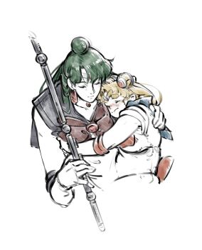 2girls bishoujo_senshi_sailor_moon black_sailor_collar blue_sailor_collar blush circlet double_bun earrings expressionless green_hair hair_bun heart_wand highres hug jewelry meiou_setsuna mercuri0ff multiple_girls sailor_collar sailor_moon sailor_pluto sailor_senshi_uniform single_hair_bun thick_eyebrows tsukino_usagi wavy_mouth