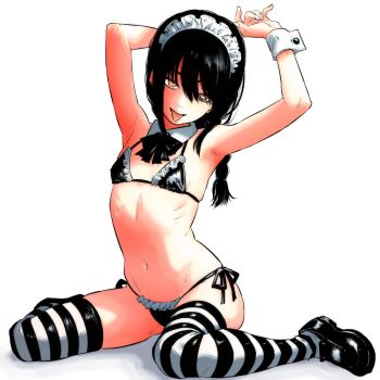 1girl 2025 bare_shoulders bikini black_hair braid braided_ponytail chainsaw_man collarbone cuffs female_focus flat_chest highres isuke_(isuke_now) long_hair looking_at_viewer maid_headdress navel nayuta_(chainsaw_man) ringed_eyes shoes simple_background stomach string_bikini striped_clothes striped_thighhighs thighhighs tongue tongue_out white_background white_wrist_cuffs wrist_cuffs yellow_eyes