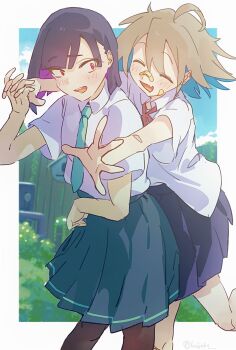 Rule 34 | 2girls, ahoge, bandaid, bandaid on cheek, bandaid on face, bandaid on nose, behind another, black hair, black pantyhose, blue hair, blue sky, blush, border, brown hair, collared shirt, colored inner hair, day, do it yourself!!, fang, floating hair, foliage, glomp, green necktie, green skirt, highres, holding hands, hug, hug from behind, interlocked fingers, looking at another, looking back, multicolored hair, multiple girls, neck ribbon, necktie, open mouth, outdoors, outside border, overgrown, pantyhose, pink ribbon, purple hair, purple skirt, red eyes, ribbon, school uniform, shirt, short hair, skin fang, skirt, sky, smile, suride miku, umiseazzz, white border, white shirt, yua serufu