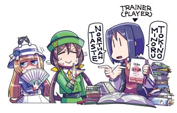 3girls :&lt; afterimage akikawa_yayoi_(umamusume) androgynous animal animal_on_head averting_eyes black_hair blue_flower blue_rose blunt_ends book bow bowler_hat brown_hair cat cat_on_head character_name collared_shirt commentary_request english_text female_trainer_(umamusume) flower folding_fan furrowed_brow green_hat green_jacket hair_between_eyes hair_bow hand_fan hat hat_flower hat_ribbon hayakawa_tazuna highres holding holding_fan horse_tail horseshoe_hat_ornament horseshoe_ornament jacket long_hair long_sleeves low_ponytail motion_lines multicolored_hair multiple_girls nervous_sweating on_head open_book open_clothes open_jacket orange_hair pointing ponytail puffy_long_sleeves puffy_sleeves purple_ribbon ribbon rose sakazaki_freddy shaking_head shirt short_hair speech_bubble split_ponytail stiff_tail sun_hat sweat tail three-quarter_sleeves track_jacket trainer_(umamusume) two-tone_hair typo umamusume upper_body very_long_hair watch white_hair white_hat wristwatch yellow_bow |_|