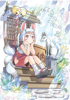 Rule 34 | 1girl, absurdres, animal ears, bare shoulders, bell, black sandals, closed mouth, clothing cutout, commentary request, facial mark, hakama, hakama pants, hands on own chin, head rest, highres, hip vent, inari, japanese clothes, kimono, multiple tails, okobo, original, outdoors, pants, plant, platform sandals, pop (electromagneticwave), red eyes, red pants, rope, sandals, short hair, sidelocks, sleeveless, sleeveless kimono, socks, solo, statue, tabi, tail, two side up, white hair, white socks, white tail