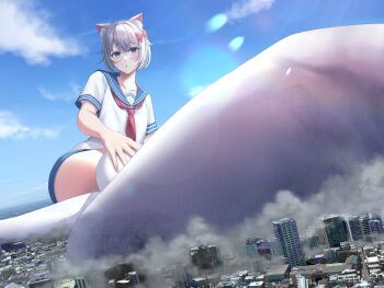 1girl absurdres blue_eyes blue_sailor_collar blue_shorts building cat_girl cloud commentary_request commission from_below giant giantess highres hydrocatvt_(vtuber) looking_at_viewer mountain numaguro_(tomokun0808) original road sailor_collar shorts skeb_commission socks solo white_socks