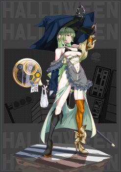 1girl absurdres animal_ears asymmetrical_footwear asymmetrical_gloves bikini bikini_top_only breasts breasts_apart dress fake_animal_ears fingerless_gloves frilled_dress frills gloves green_eyes grey_hair halloween hat high_heels highres holding holding_staff long_hair medium_breasts mismatched_footwear mismatched_gloves navel original pubic_tattoo rabbit_ears single_thighhigh solo staff swimsuit tattoo thighhighs uhen witch witch_hat