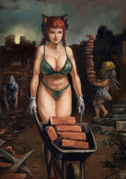 3girls amibazh animal_ears bikini blunt_bangs bow braid breasts brick cat_ears cleavage ebisu_eika gloves hair_rings hard_hat helmet kaenbyou_rin kaku_seiga large_breasts multiple_girls navel overcast realistic red_hair sky solo_focus stack swimsuit through_wall touhou twin_braids wheelbarrow