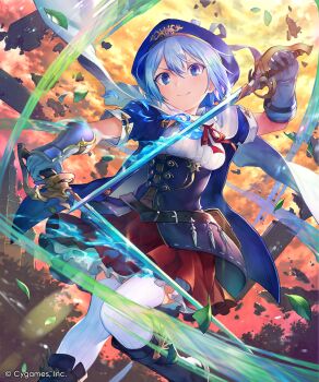 >:) 1girl belt belt_buckle black_belt black_boots blue_eyes blue_hair blue_hat blue_jacket boots breasts buckle character_request closed_mouth cropped_jacket dual_wielding en@rain gloves hair_between_eyes hat highres holding holding_sword holding_weapon jacket knees_together_feet_apart medium_breasts open_clothes open_jacket outdoors pillow puffy_short_sleeves puffy_sleeves red_ribbon red_skirt ribbed_thighhighs ribbon scarf shadowverse shadowverse:_worlds_beyond shirt short_sleeves skirt smile solo sunset sword thighhighs thighhighs_under_boots tower v-shaped_eyebrows weapon white_gloves white_scarf white_shirt white_thighhighs