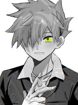 1boy arm_up blue_oak collared_jacket commentary hair_over_one_eye highres jacket jewelry male_focus necklace nintendo one_eye_covered parted_bangs pendant pk_rgr96 pokemon pokemon_frlg short_hair simple_background smile solo spiked_hair spot_color symbol-only_commentary upper_body white_background yellow_eyes