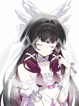 1girl black_hair closed_eyes closed_mouth columbina_(genshin_fes_2026)_(genshin_impact) columbina_(genshin_impact) detached_sleeves dress frilled_dress frilled_sleeves frills genshin_impact hair_intakes hair_ribbon hand_up hashtag-only_commentary head_wings highres long_hair multicolored_hair official_alternate_costume purple_hair ribbon rio_(rio773) see-through_clothes see-through_veil short_sleeves simple_background solo strapless strapless_dress two-tone_hair upper_body veil very_long_hair white_background white_dress white_ribbon white_wings wings