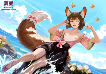 1girl ;d animal_ear_fluff animal_ears black_dress black_sash blue_eyes blue_sky boulder bow breasts brown_hair bug butterfly cloud cloudy_sky day dress fangs flower fox_ears fox_girl fox_tail hair_intakes highres horizon insect looking_at_viewer miserel nipples no_bra ocean one_eye_closed open_clothes open_mouth open_robe original outdoors paw_pose pink_bow robe sandals sash scenery short_hair sky small_breasts smile solo tail tail_bow tail_ornament water yellow_butterfly