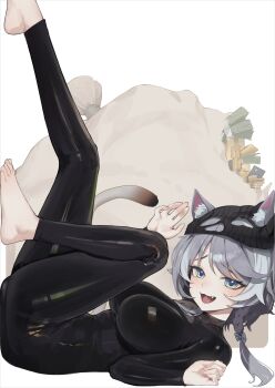 1girl absurdres alternate_costume animal_ears apopo balaclava black_bodysuit black_mask blue_eyes bodysuit breasts cat_ears cat_girl cat_tail cipher_(honkai:_star_rail) commentary fang grey_hair highres honkai:_star_rail honkai_(series) large_breasts legs_up looking_at_viewer open_mouth solo symbol-only_commentary tail white_background