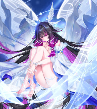 1girl artist_logo bare_shoulders black_hair blush breasts cleavage columbina_(genshin_impact) feet full_body genshin_impact highres logo long_hair looking_at_viewer multicolored_hair obiwan parted_lips purple_eyes purple_hair solo thighs toes two-tone_hair weisuoxin wings