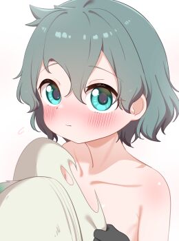 Rule 34 | 1girl, absurdres, black hair, blue eyes, blush, chis (js60216), commentary request, convenient censoring, flat chest, gloves, hat feather, helmet, highres, kaban (kemono friends), kemono friends, looking at viewer, nude, pith helmet, short hair, simple background, solo, wavy hair, white background