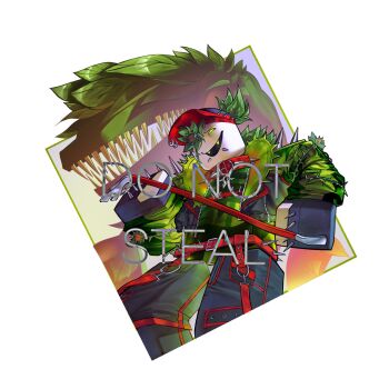 1other :d animal belt black_gloves block_tales catnip_cataria character_request chest_belt choker creature crowbar eldritch_abomination evil_grin evil_smile face_piercing fangs feet_out_of_frame fingerless_gloves gloves green_eyes green_jacket green_shirt griefer_(block_tales) grin growing_out_of_body highres holding holding_crowbar jacket lip_piercing looking_at_viewer open_mouth piercing sharp_teeth shirt smile spikes squatting teeth visor_cap