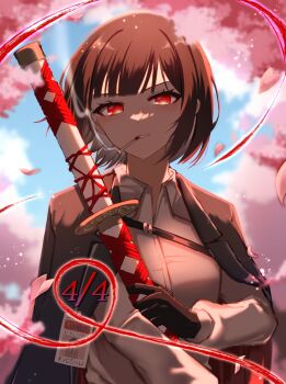 1girl black_gloves black_hair black_jacket bob_cut cherry_blossoms collared_shirt commentary dated e.g.o_(project_moon) gloves highres holding holding_sword holding_weapon id_card jacket jacket_on_shoulders limbus_company looking_at_viewer monosirofj ootachi parted_lips project_moon red_eyes red_ribbon renketsuen_(e.g.o) ribbon ryoshu_(project_moon) shirt short_hair sidelocks smile solo string string_of_fate sword weapon white_shirt