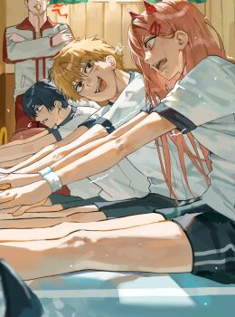 1girl 3boys absurdres black_hair blonde_hair blue_shorts chainsaw_man commentary_request demon_horns denell denji_(chainsaw_man) earrings eyes_out_of_frame facial_hair gym_uniform hayakawa_aki head_out_of_frame high_ponytail highres horns jewelry kishibe_(chainsaw_man) long_hair looking_ahead looking_at_another multiple_boys open_mouth pants pink_hair ponytail power_(chainsaw_man) red_horns red_pants sharp_teeth shirt short_hair short_ponytail shorts sitting smile stretching stubble sweat teeth track_suit whistle white_shirt wristband