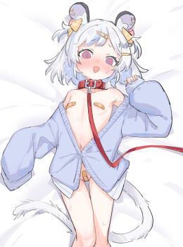 1girl @_@ animal_ears bandaid bandaid_on_pussy bandaids_on_nipples blue_jacket blush breasts cheese_hair_ornament collar embarrassed flat_chest food-themed_hair_ornament hair_ornament hairclip indie_virtual_youtuber jacket leash loli long_sleeves looking_at_viewer lying maplesights mouse_ears mouse_girl mouse_tail navel nemimi_yane no_panties no_pants on_back on_bed open_clothes open_mouth pasties red_collar red_eyes short_hair small_breasts solo sweat sweatdrop tail white_hair