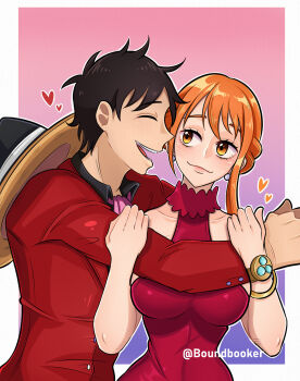 1boy 1girl arms_around_shoulders bare_shoulders black_hair border boundbooker closed_mouth collarbone couple curvy dress happy hat heart highres hug log_pose long_hair looking_at_another monkey_d._luffy nami_(one_piece) nami_(one_piece)_(whole_cake_island) one_piece open_mouth orange_eyes orange_hair outside_border red_dress red_shirt shirt short_hair sleeveless sleeveless_dress smile white_border