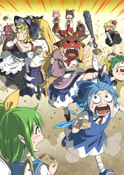 6+girls antennae apron ascot bandaged_arm bandages beans bird_wings black_cape black_hat black_shoes black_skirt black_vest blonde_hair blue_bow blue_dress blue_hair bow braid brown_dress brown_hair brown_hat brown_horns bun_cover cape cirno club_(weapon) commentary_request curly_hair daiyousei detached_sleeves detached_wings double_bun dress dust_cloud eating fairy fairy_wings fangs flower frilled_bow frilled_hair_tubes frills gourd green_eyes green_hair green_skirt hair_bow hair_bun hair_ribbon hair_tubes hakurei_reimu hat hat_bow highres holding holding_club holding_gourd holding_weapon horns hoshiguma_yuugi ibaraki_kasen ibuki_suika ice ice_wings inuno_rakugaki kariyushi_shirt kicking kirisame_marisa komano_aunn long_hair long_sleeves mamemaki mask masu multiple_girls mystia_lorelei oni oni_mask open_mouth pinafore_dress pink_flower pink_hair pink_rose red_ascot red_bow red_cape red_horns red_shirt red_skirt red_tabard ribbon ribbon-trimmed_sleeves ribbon_trim rose rumia setsubun shirt shoes short_hair side_braid single_braid single_horn skirt skirt_set sleeveless sleeveless_dress socks tabard throwing touhou two-sided_cape two-sided_fabric very_long_hair vest waist_apron weapon white_apron white_bow white_shirt white_socks winged_hat wings witch_hat wriggle_nightbug yellow_ascot