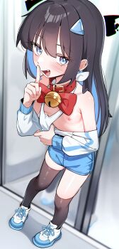 1girl absurdres bell black_hair black_thighhighs blue_eyes blue_hair blue_shorts bow bowtie colored_inner_hair fang finger_to_mouth full_body highres jingle_bell loli long_hair looking_at_viewer multicolored_hair neck_bell nipples open_mouth original red_bow red_bowtie shoes shorts shushing smile sneakers solo standing thighhighs whonyang