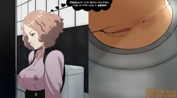 1girl anus artist_request ass breasts brown_hair english_text from_below highres lactation milk nipples okumura_haru persona persona_5 pussy sitting split_screen tagme text_focus toilet toilet_use viledraws voyeur_pov wet wet_clothes