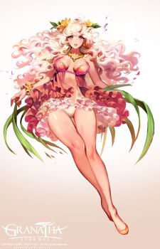 1girl bracelet breasts caesty center_opening character_request curly_hair dated dress earrings female_focus fingernails flats flower frilled_dress frills full_body granatha_eternal grey_eyes hair_flower hair_ornament jewelry legs long_fingernails long_hair medium_breasts nail_polish orange_nails panties pink_hair pink_theme solo thigh_gap underwear very_long_hair white_panties