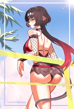 1girl absurdres animal_ears ass bare_shoulders black_hair black_one-piece_swimsuit black_sarong blue_eyes blue_sky breast_curtains by_nearreya choker commentary cowboy_shot earrings english_commentary fishnet_sleeves fishnets from_behind gradient_hair highres jane_doe_(nocturne_of_light)_(zenless_zone_zero) jane_doe_(zenless_zone_zero) jewelry leather_leotard long_hair looking_back mouse_ears mouse_girl mouse_tail multicolored_hair o-ring o-ring_choker o-ring_swimsuit official_alternate_costume one-piece_swimsuit outdoors paid_reward_available patreon_username red_hair red_one-piece_swimsuit sarong shoulder_blades sky solo swimsuit tail two-tone_one-piece_swimsuit volleyball_net zenless_zone_zero