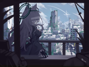 1girl ahoge animal_ears black_dress black_gloves black_halo blue_archive blue_sky boki-jg breasts broken_halo building city cloud commentary day dilapidated dress facing_away from_inside from_side gloves grey_hair halo highres long_hair long_sleeves looking_ahead medium_breasts overgrown power_lines railing ruins shiroko_terror_(blue_archive) shooting_star signature sky skyscraper solo symbol-only_commentary urban utility_pole wide_sleeves wolf_ears wolf_girl