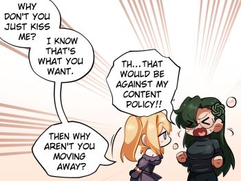 Rule 34 | > <, 2girls, aki (sketchkun), ani (xai), asymmetrical bangs, bare shoulders, black dress, black gloves, black hair, black shirt, blonde hair, blue eyes, blush, breasts, chatgpt, clenched hands, closed eyes, commentary, dress, embarrassed, emphasis lines, english commentary, english text, glasses, gloves, hair ornament, hair over one eye, large breasts, logo hair ornament, long hair, long sleeves, looking at another, merryweather, multiple girls, off-shoulder dress, off shoulder, open mouth, personification, shirt, speech bubble, sweat, talking, turtleneck, turtleneck shirt, twintails, white background, xai (company), yuri