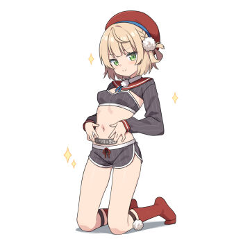>:) 1girl adapted_costume alternate_breast_size_(smaller) beret blush body_writing braid breasts brown_hair closed_mouth commentary_request dolphin_shorts full_body green_eyes hat hatsunatsu indie_virtual_youtuber kneeling long_sleeves looking_at_viewer navel no_shoes puffy_long_sleeves puffy_sleeves red_hat red_sailor_collar red_socks sailor_collar shadow shigure_ui_(vtuber) shigure_ui_(1st_costume)_(vtuber) short_shorts shorts shrug_(clothing) simple_background sleeves_past_wrists small_breasts smile socks solo sparkle striped_clothes striped_shorts v-shaped_eyebrows vertical-striped_clothes vertical-striped_shorts virtual_youtuber white_background