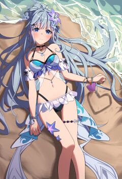 1girl absurdres adina_savic bare_shoulders beach bikini black_survival blue_eyes blue_hair bracelet breasts cleavage commission earrings eternal_return:_black_survival flower hair_flower hair_ornament hair_spread_out heart highres hoop_earrings jewelry long_hair lying medium_breasts mismatched_bikini navel necklace on_back pixiv_commission purple_flower sand selene_(yechan1245) shell shell_necklace swimsuit very_long_hair water x_hair_ornament