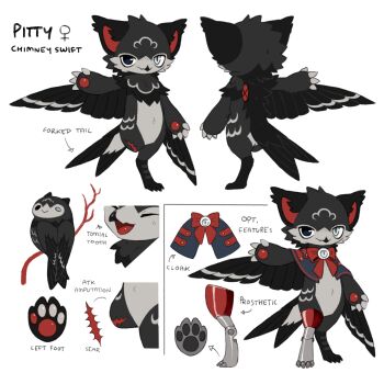 1girl amputee animal animal_ears beak bird black_beak black_eyes black_feathers black_fur black_tail black_wings blue_cloak bow claws cloak closed_mouth feathers furry furry_female grey_feathers grey_fur grey_wings griffin_girl heterochromia highres jejejunum jejenum_(jejejunum) missing_limb multicolored_feathers multicolored_fur open_mouth original pawpads prosthesis prosthetic_leg red_bow reference_sheet scar scar_on_leg smile standing white_background white_eyes wings