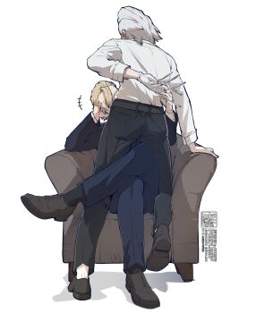 2boys absurdres arm_behind_back armchair belt between_fingers black_belt black_jacket black_pants black_socks blonde_hair blue_pants brothers chair crossed_legs dr._stone dress_shoes facing_away formal_clothes from_behind full_body gloves grey_hair hand_on_own_face highres holding jacket laughing long_sleeves male_focus mitsuru_(aica_hikari) multiple_boys on_chair pants shirt shoes short_hair siblings simple_background sitting socks stanley_snyder_(dr.stone) suit syringe white_background white_gloves white_shirt xeno_(dr.stone) yaoi