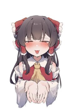 1girl absurdres ascot blush bow brown_hair commentary_request detached_sleeves frilled_bow frilled_hair_tubes frills hair_bow hair_tubes hakurei_reimu highres long_hair looking_at_viewer ninzin_88hon red_bow red_eyes ribbon-trimmed_sleeves ribbon_trim simple_background solo tongue tongue_out touhou upper_body very_long_hair white_background yellow_ascot