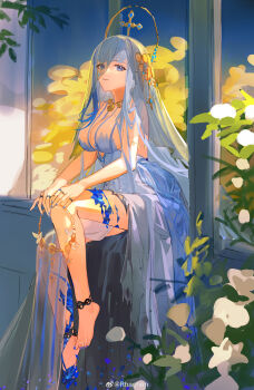 Rule 34 | 1girl, absurdres, barefoot, blue hair, breasts, cleavage, cracked skin, darkstar hubble (neural cloud), dress, flower, girls' frontline, girls' frontline neural cloud, grey hair, highres, hubble (neural cloud), large breasts, plant, rhachen, solo, white dress, yellow flower