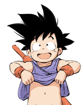 1boy black_hair clothes_lift dragon_ball mog300n navel shirt_lift shota smile son_goku spiked_hair white_background wristband
