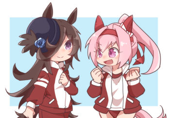 Rule 34 | 2girls, :d, animal ears, beer hsk, black hat, blue background, blue flower, blue rose, border, bow, buruma, clenched hands, closed mouth, ear bow, flower, flower-shaped pupils, gym shirt, gym shorts, gym uniform, hair between eyes, hairband, hands up, haru urara (umamusume), hat, hat flower, horse ears, horse girl, horse tail, jacket, long sleeves, multiple girls, open clothes, open jacket, open mouth, pink hair, purple eyes, red buruma, red hairband, red jacket, red shorts, rice shower (umamusume), rose, shirt, shorts, smile, symbol-shaped pupils, tail, tilted headwear, umamusume, v-shaped eyebrows, white border, white bow, white shirt