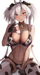 Rule 34 | 1girl, absurdres, animal collar, animal ears, animal print, bell, bikini, black gloves, bottle, breasts, collar, commentary request, cow ears, cow horns, cow print, cow print bikini, cow print thighhighs, cowbell, dark-skinned female, dark skin, fake animal ears, fake horns, gloves, grey hair, hair between eyes, half gloves, highres, horns, kantai collection, large breasts, long hair, looking at viewer, low twintails, milk bottle, musashi (kancolle), navel, parted lips, print bikini, print thighhighs, red eyes, semi-rimless eyewear, smile, solo, swimsuit, thighhighs, twintails, two side up, white background, yunamaro