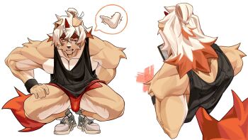 1boy arknights bara black_shirt black_tank_top bulge censored colored_tips commentary english_commentary feet furry furry_male highres holding holding_phone horns hung_(arknights) khnxy12100 komainu_boy komainu_ears komainu_tail looking_to_the_side male_focus multicolored_hair multiple_views muscular muscular_male one_eye_closed orange_shorts pectorals phone shirt shoes shorts single_horn sleeveless sleeveless_shirt speech_bubble squatting sweat tank_top white_background white_shoes wristband