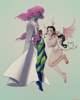 2girls black_hair black_nails blush cape commentary_request covered_navel dearest24 demon_(megami_tensei) demon_tail fangs gloves green_eyes heart highres leotard lilim_(megami_tensei) multiple_girls open_mouth own_hands_together pointy_ears purple_hair queen_mab_(megami_tensei) red_gloves shin_megami_tensei shin_megami_tensei_iii:_nocturne simple_background tail white_cape white_leotard wings yuri