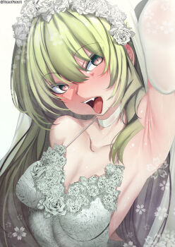 1girl absurdres armpit_focus armpits artist_name breasts bride commentary dress elbow_gloves english_commentary flower gloves green_hair hair_flower hair_ornament highres honkai_(series) honkai_impact_3rd jewelry long_hair looking_at_viewer medium_breasts mobius_(honkai_impact) open_mouth presenting_armpit purple_eyes ring rose simple_background slit_pupils tomodachi_(tomofanart) wedding_dress wedding_ring white_background white_dress white_flower white_gloves white_rose