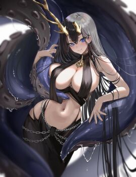 1girl absurdres antlers asymmetrical_horns azur_lane bare_shoulders black_dress black_hair breasts chain cleavage commentary cowboy_shot dress golden_hind_(azur_lane) hair_between_eyes highres horns large_breasts liquid long_hair looking_at_viewer mole mole_under_mouth navel parted_lips rosebell simple_background sleeveless sleeveless_dress smile solo standing stomach suction_cups tentacles very_long_hair white_background