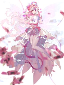 1girl absurdres aqua_flower aqua_rose artist_name asymmetrical_dress bare_legs bare_shoulders barefoot breasts cleavage commentary cookie_run cookie_run:_kingdom covered_erect_nipples detached_sleeves dot_nose dress elfav english_commentary eternal_sugar_cookie eternal_sugar_cookie_(blooming_bringer_of_sloth) eyelashes eyes_visible_through_hair fairy fairy_wings feet floating floating_hair flower flower_halo forehead_jewel frilled_dress frills full_body gem gloves hair_bun hair_flower hair_intakes hair_ornament half_updo happy heart-shaped_gem highres humanization large_breasts light_blush long_dress long_hair long_sleeves looking_ahead nape_braid official_alternate_costume orb parted_lips pink_eyes pink_flower pink_gemstone pink_hair pink_rose pink_wings puffy_long_sleeves puffy_sleeves rose sidelocks simple_background single_hair_bun smile snake solo toes transparent_wings very_long_hair watermark white_background white_dress white_gloves wings yellow_flower yellow_rose