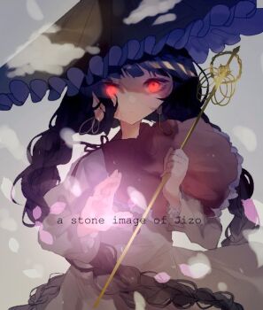 1girl ajirogasa black_hair braid closed_mouth commentary_request dress earrings english_text expressionless glowing glowing_eyes grey_background grey_dress hat holding holding_staff hoop_earrings jewelry long_earlobes long_hair long_sleeves looking_at_viewer one-hour_drawing_challenge petals red_eyes shakujou shinjitsu_no_kuchi snowing solo staff touhou twin_braids upper_body yatadera_narumi