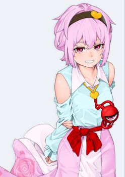 1girl adapted_costume bare_shoulders blush detached_sleeves grin hairband highres kashiwagi_(pixiv35005989) komeiji_satori nose_blush pink_eyes pink_hair pink_skirt simple_background skirt smile solo third_eye touhou upturned_eyes