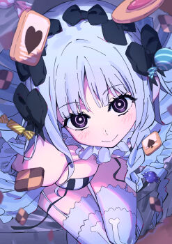 1girl absurdres bare_shoulders black_bow black_eyes blush bow braid breasts candy collar commentary_request cookie detached_sleeves dress fate/strange_fake fate_(series) food francesca_prelati_(fate) frilled_collar frills garter_straps hair_bow highres long_hair looking_at_viewer medium_breasts parted_bangs partial_commentary ringed_eyes shinshin_(ssnsn_oekaki) sidelocks smile solo striped_clothes striped_dress thighhighs thighs very_long_hair white_dress white_hair white_thighhighs