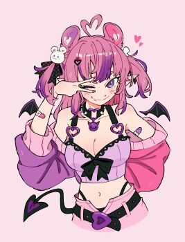 1girl absurdres ahoge bare_shoulders blush breasts cleavage collarbone commentary commission cropped_legs demon_girl demon_tail demon_wings detached_wings doodlelotl english_commentary eyelashes fang hair_ornament heart heart_ahoge heart_hair_ornament highres indie_virtual_youtuber ironmouse long_hair looking_at_viewer medium_breasts multicolored_hair navel off_shoulder one_eye_closed pink_background pink_hair pointy_ears purple_eyes purple_hair skin_fang smile solo streaked_hair tail two_side_up upper_body v v_over_eye virtual_youtuber wings